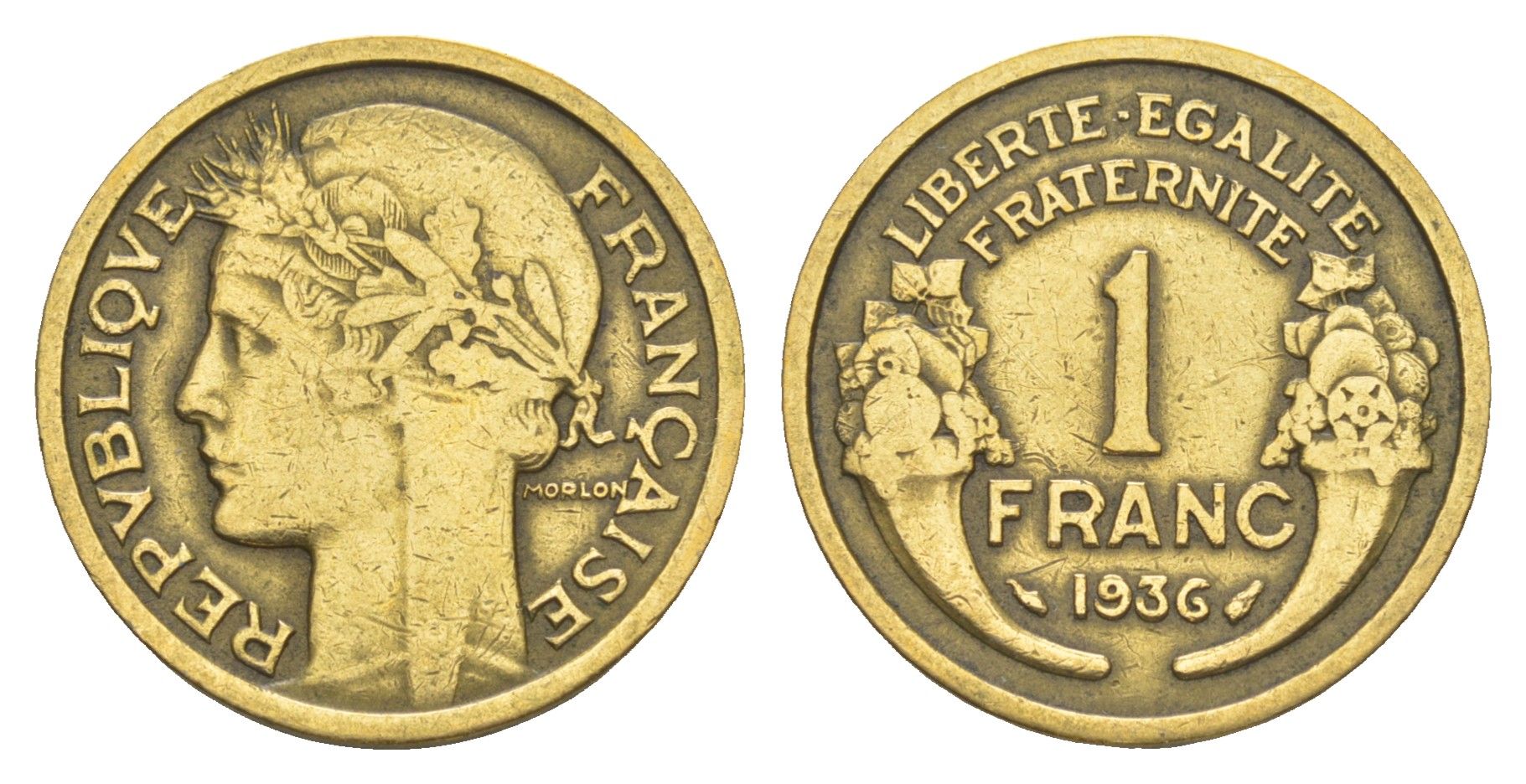 Франция 1 франк 1936 KM 885 алюминиевая бронза 4539-856