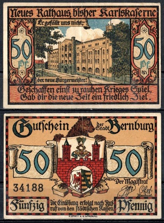 Бернбург (Анхальт) 50 пфеннигов 1921 Mehl Grabowski 95.2a-2/2 бумага 7556-48-2-1
