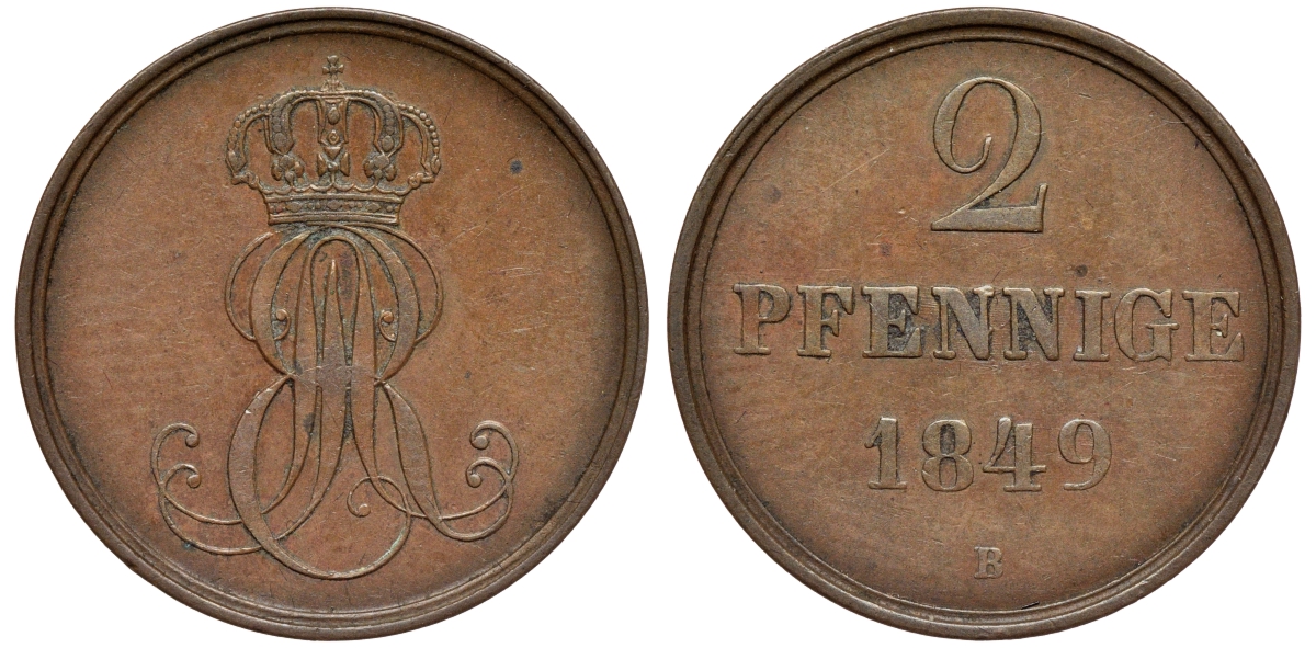 Ганновер 2 пфеннига 1849 B, Эрнст Август (1837-1851) KM 202.1, AKS 124, J. 75 медь 75-1933