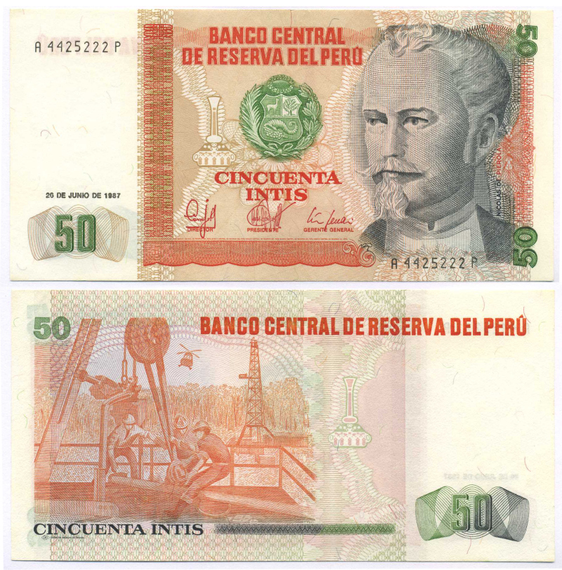 Перу 50 инти 1987 Николас де Пьерола, президент Pick 131 b бумага UNC (пресс) 7148-31-2