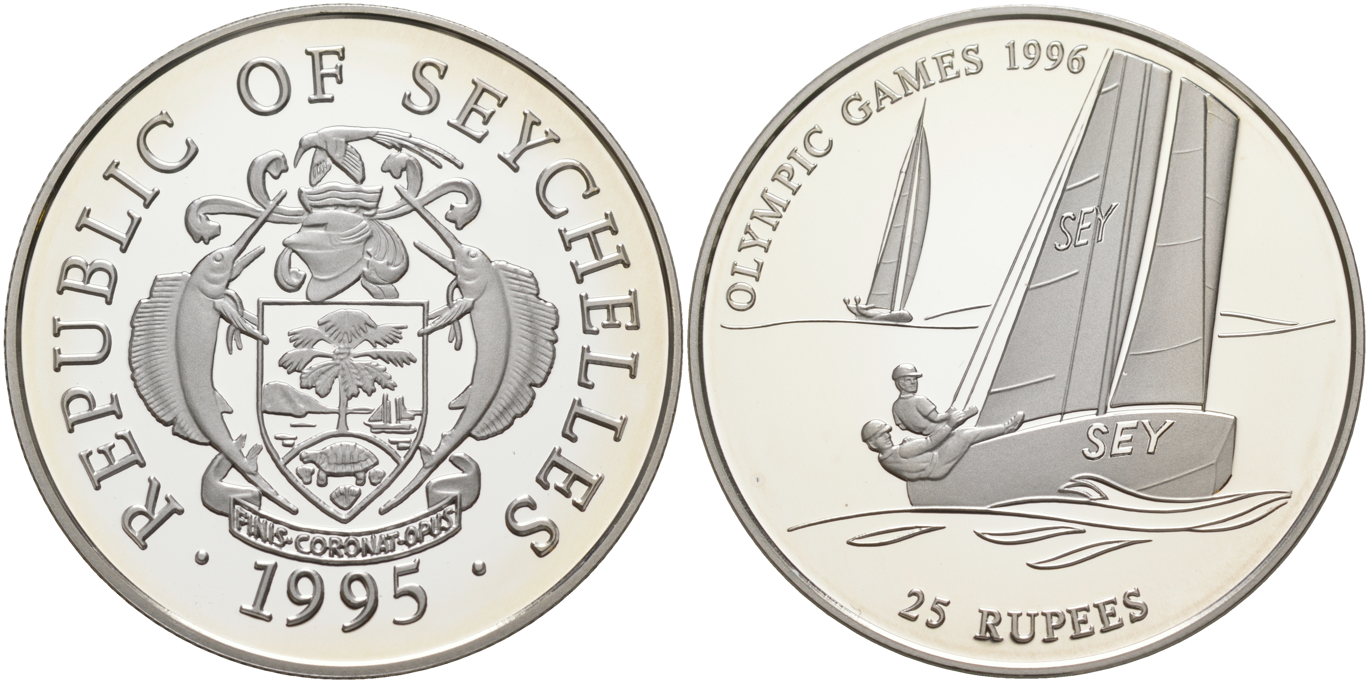 Сейшельские острова 25 рупий 1995 олимпийские игры 1996 года в Атланте, регата, тираж 30000 экз. KM 80 серебро PROOF 1074-4-51