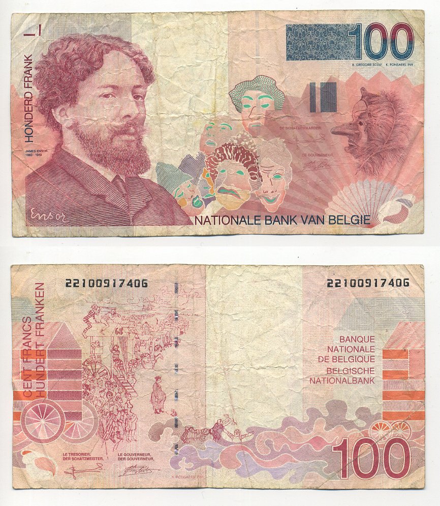 БЕЛЬГИЯ 100 ФРАНКОВ 1995-2001 ПОДПИСЬ (5 И 15), ХУДОЖНИК ДЖЕЙМС ЭНСОР Pick 147 бумага 7203-48-2