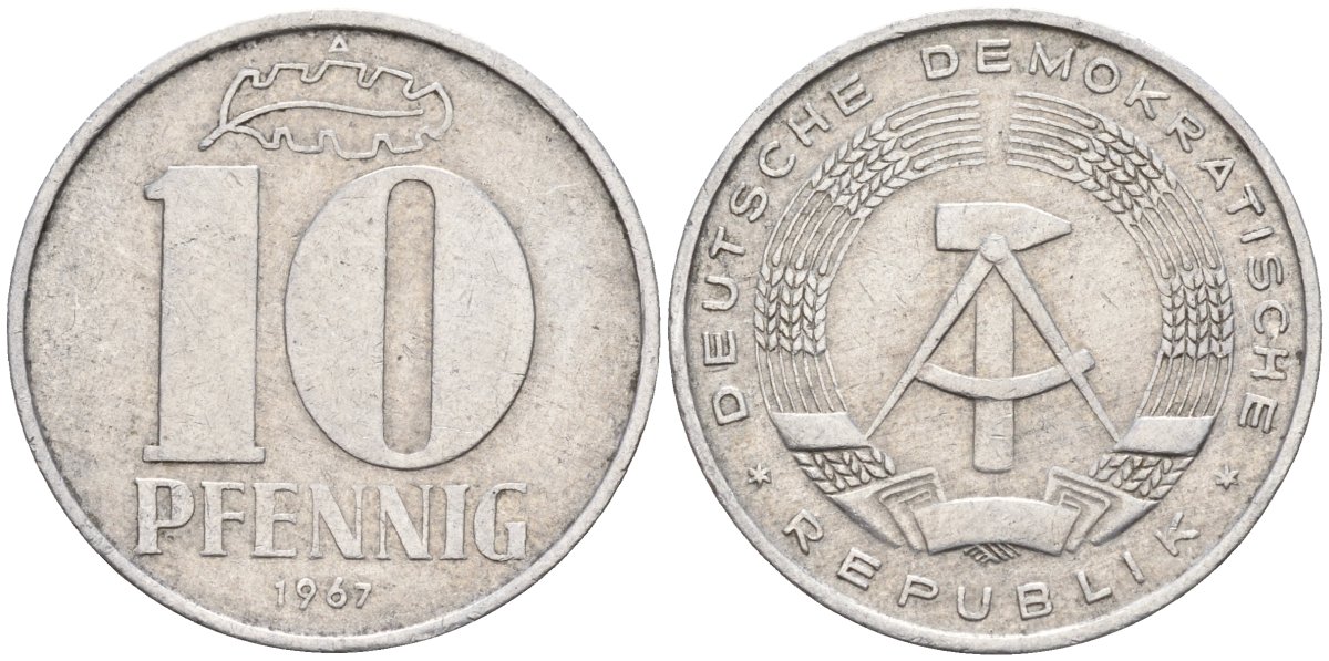 ГДР 10 пфеннигов 1967 A KM 10 алюминий 4143-734