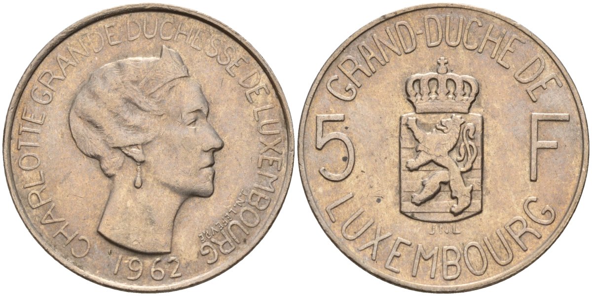 Люксембург 5 франков 1962 Великая герцогиня Шарлотта (1919-1964) KM 51 медно-никель 4143-1251