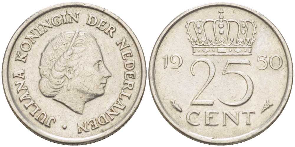 НИДЕРЛАНДЫ 25 ЦЕНТОВ 1950 ЮЛИАНА (1948-1980) KM 183 никель 214-913