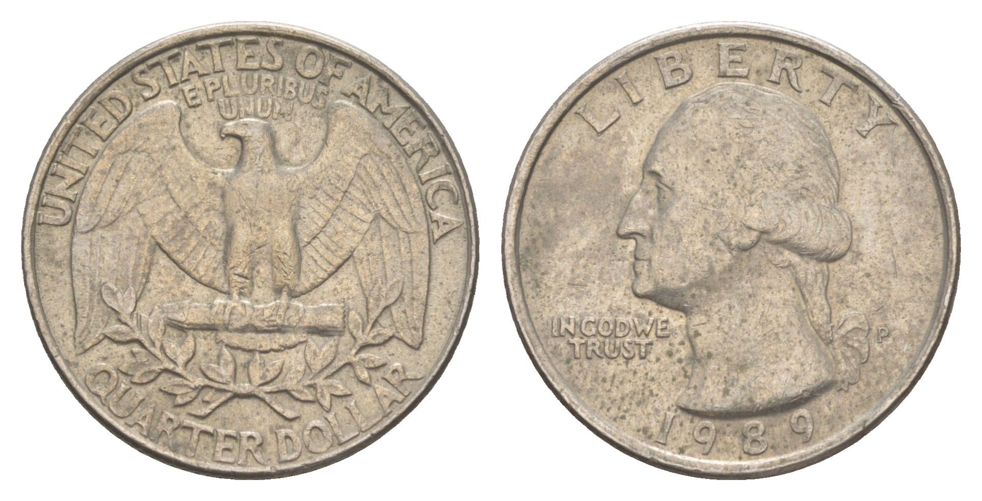 США 25 центов = квотер = 1/4 доллара 1989 P, Джордж Вашингтон KM 164a медь плакированная медно-никелем 4652-451