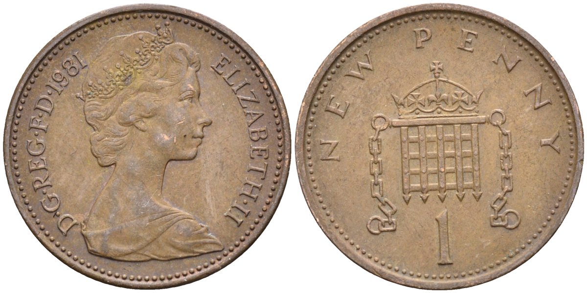 Великобритания 1 пенни 1981 Елизавета II (1952-2022) KM 915, Spink 4237 (B1) бронза 4585-912