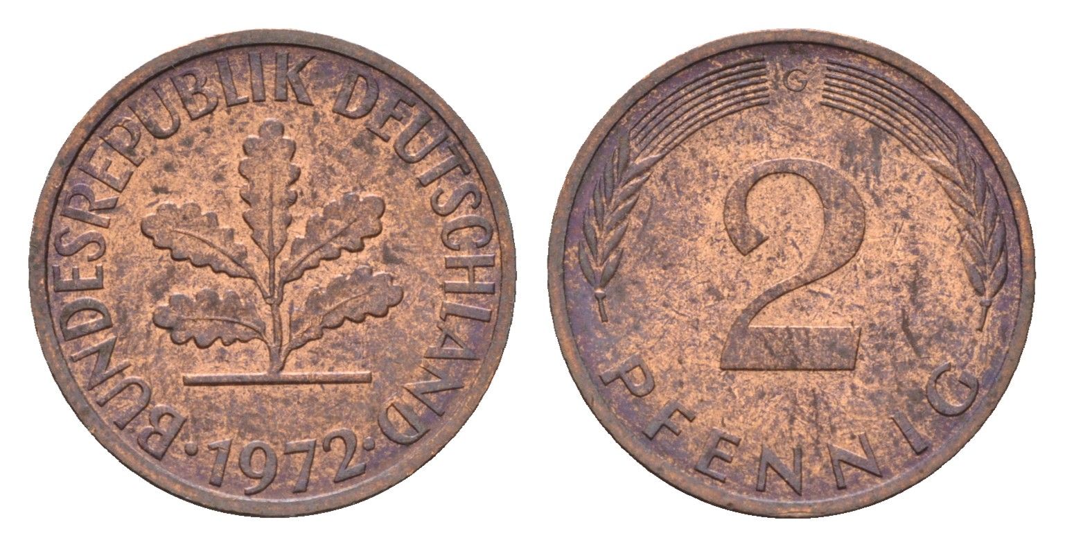 ФРГ 2 пфеннига 1972 G KM 106a, J.381a сталь плакированная медью 4618-936