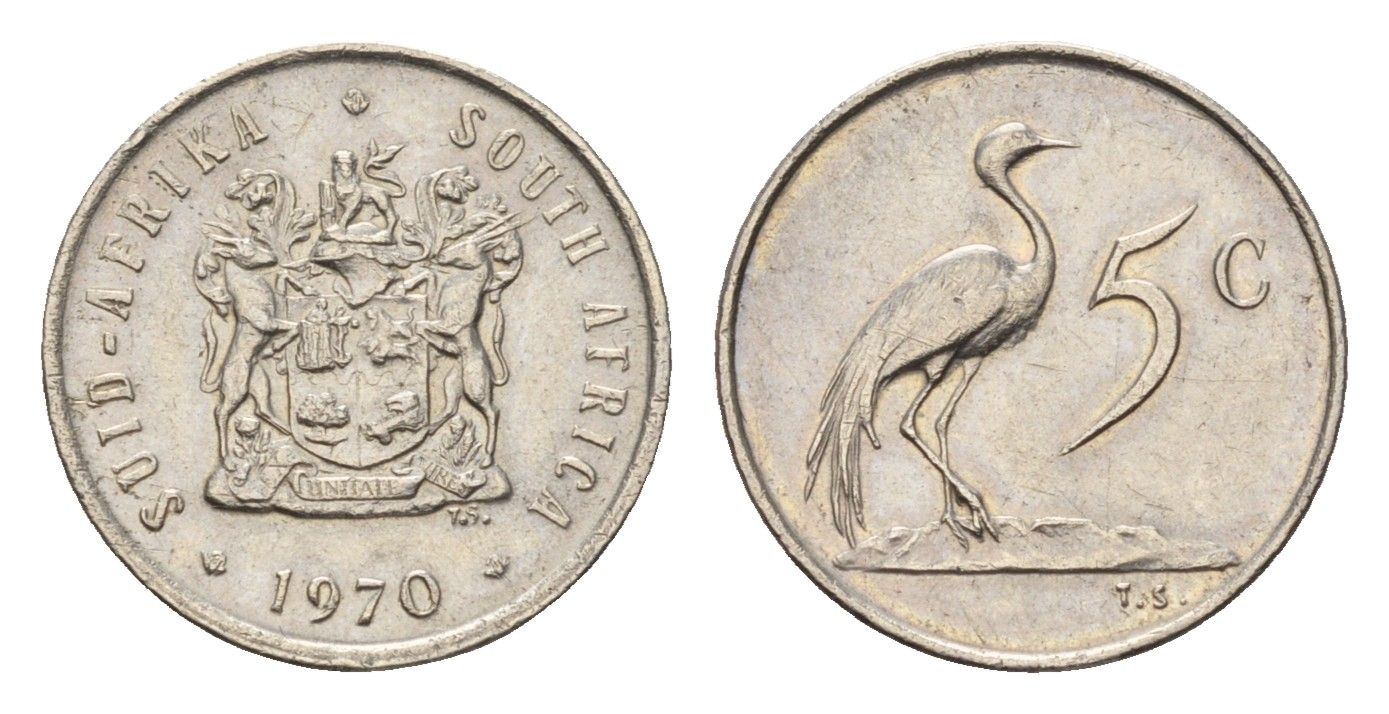 ЮАР 5 центов 1970 герб, райский журавль KM 84 никель 4643-164