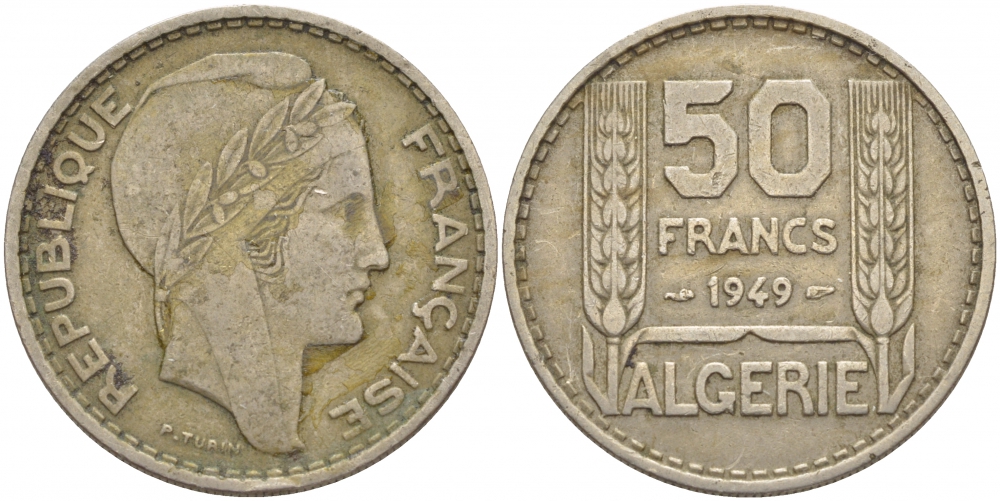 Алжир, Французский 50 франков 1949 KM 92 медно-никель 51-1024