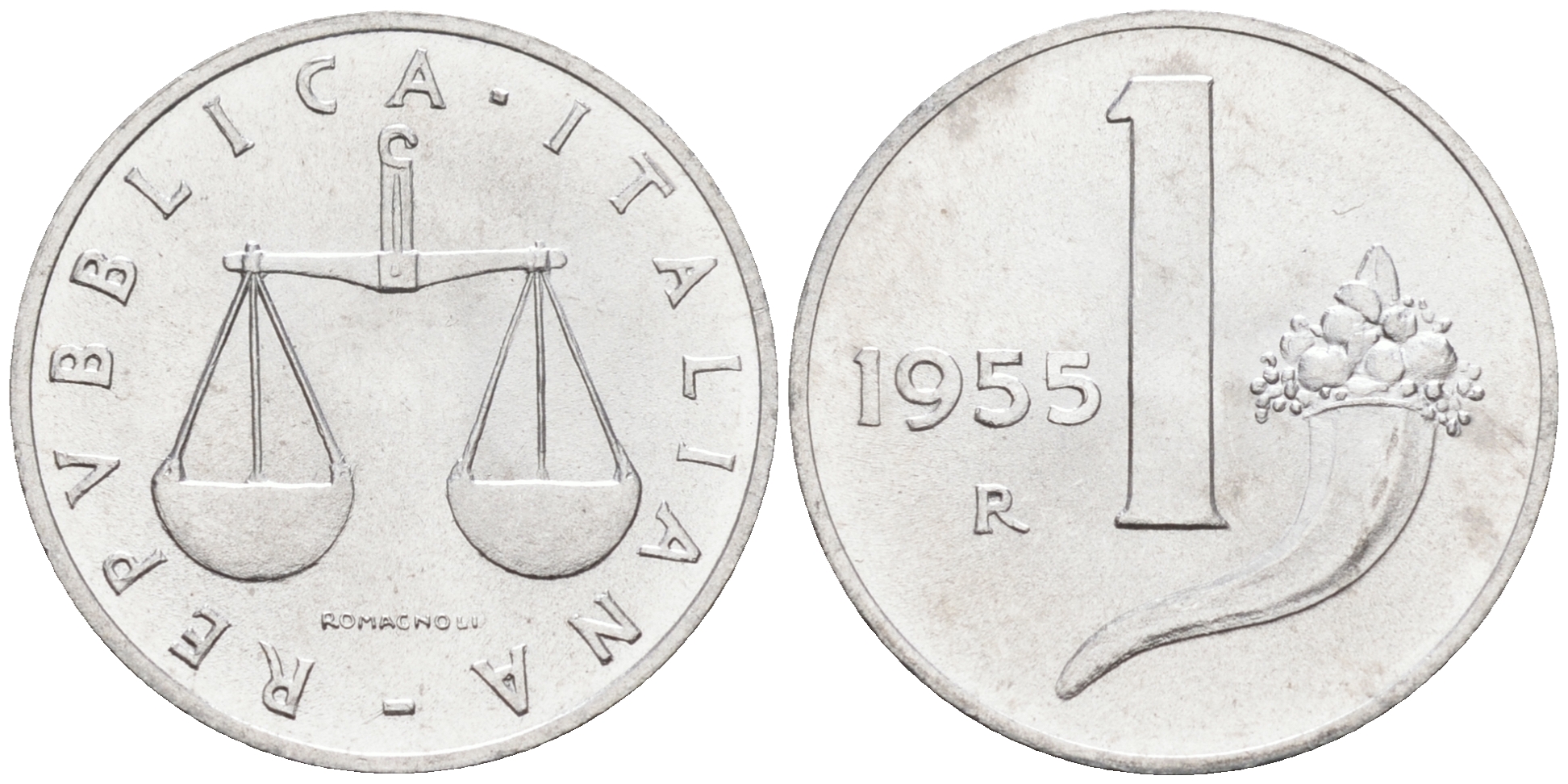 Италия 1 лира 1955 R, весы KM 91 алюминий  UNC  4594-645