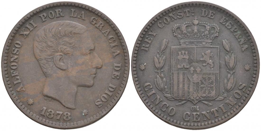 ИСПАНИЯ 5 СЕНТИМО 1878 ОМ, АЛЬФОНСО XIII KM 674 бронза 3853-1237