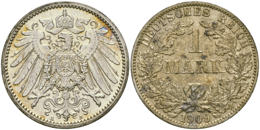 Германия 1 марка 1909 A Weege 18, J. 17, KM 14 серебро aUNC 65-224