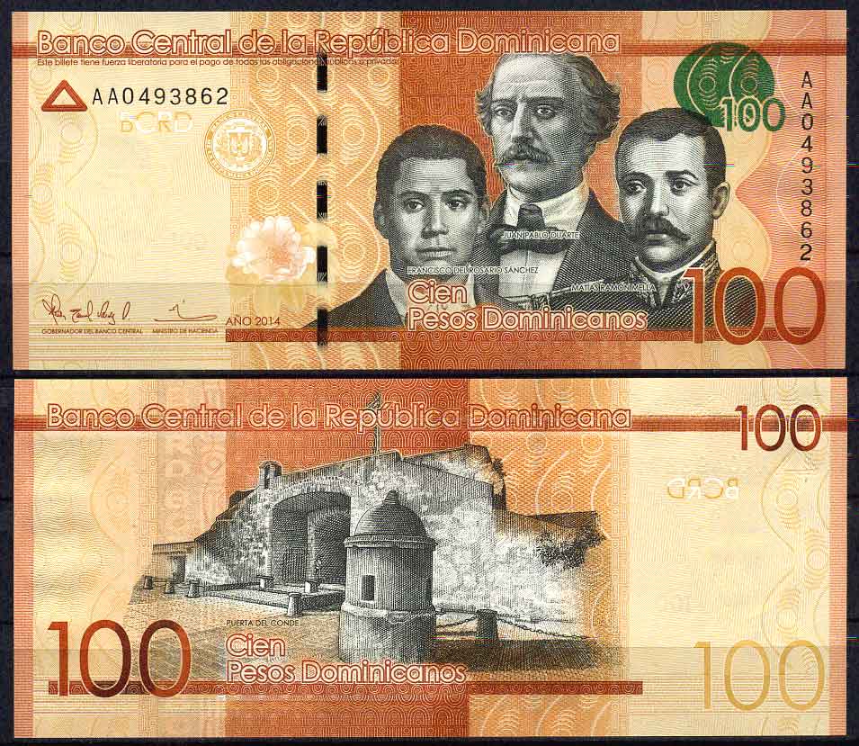 Доминиканская Республика 100 песо 2014 Пуэрта-дель-Конде в Санто-Доминго, три портрета Пабло Дуарте, Франциско Санчес, Матас Рамон. Отцы основатели Pick 190 a бумага UNC (пресс)   447-18-1