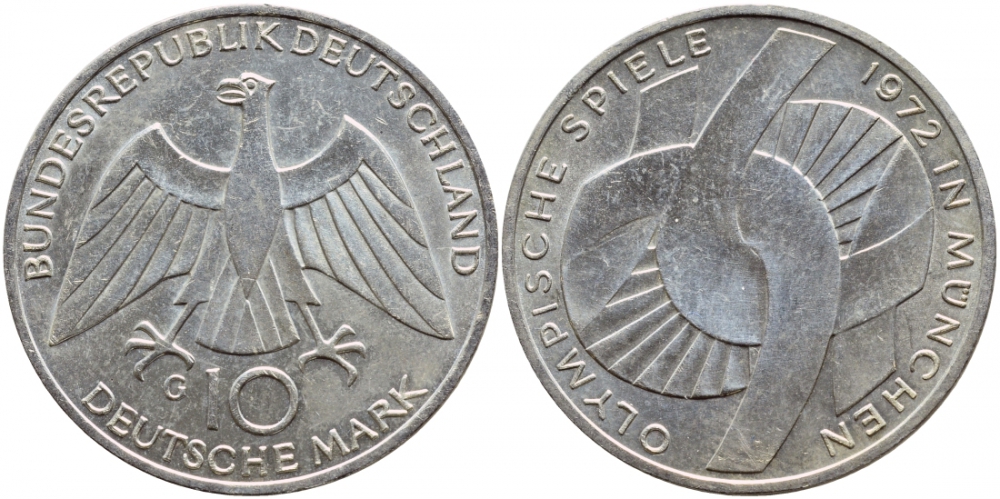 ФРГ 10 марок 1972 G, XX летние Олимпийские игры 1972 года в Мюнхене, символика KM 131, J.402 серебро UNC 1520-1432