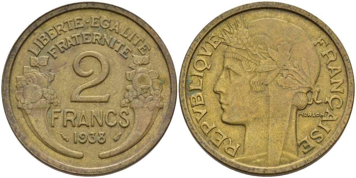 Франция 2 франка 1938 Третья республика (1871-1940) KM 886, Le Franc 219.3 алюминиевая бронза 4144-334