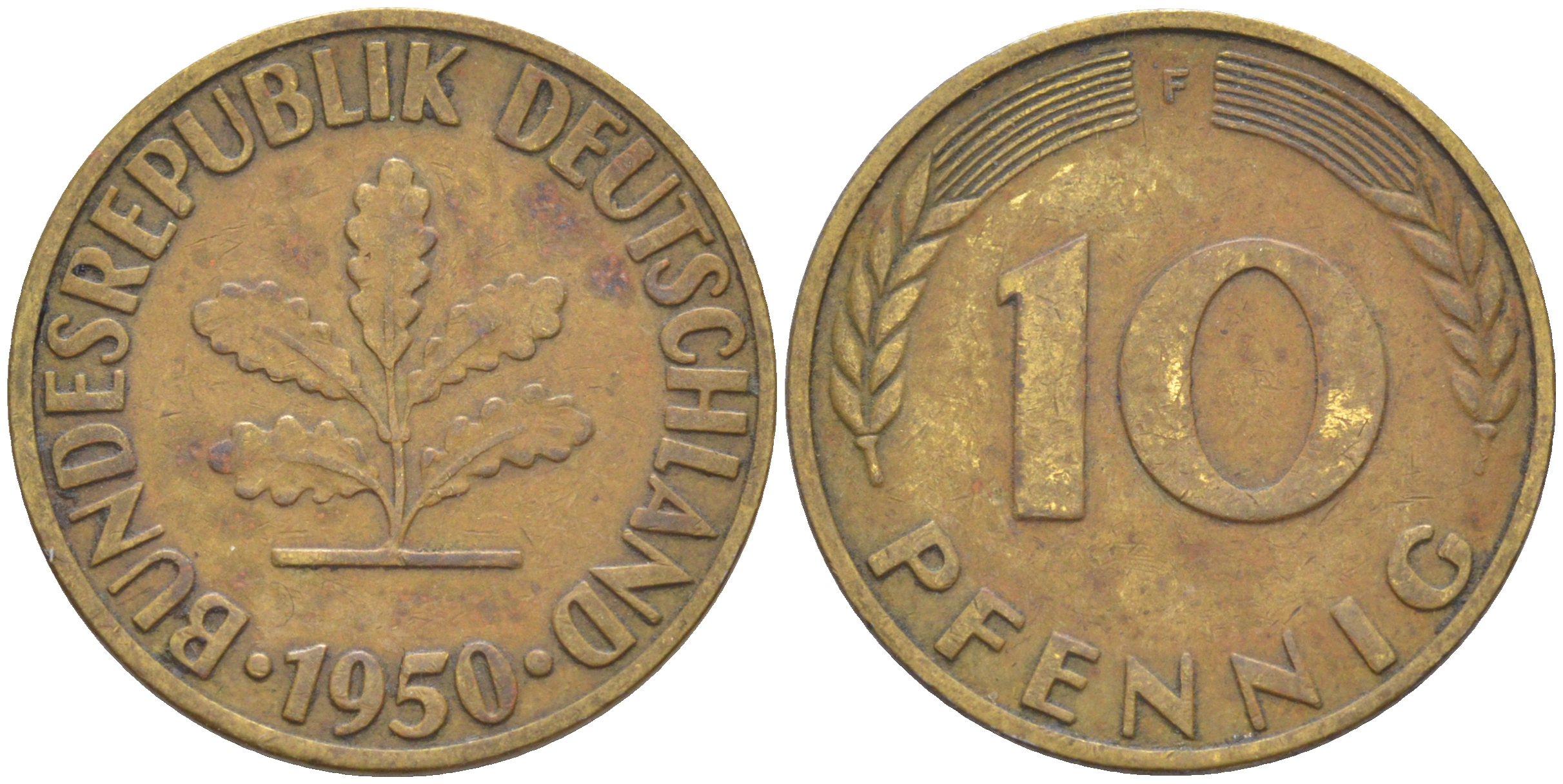 ФРГ 10 пфеннигов 1950 F KM 108, J. 383 сталь плакированная латунью 53-1112