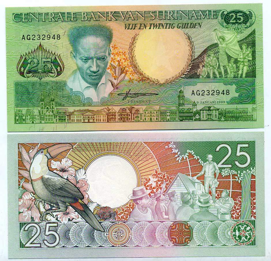 Суринам 25 гульденов 1988 Антон де Ком, тукан на ветке Pick 132 b бумага UNC (пресс) 445-57-2