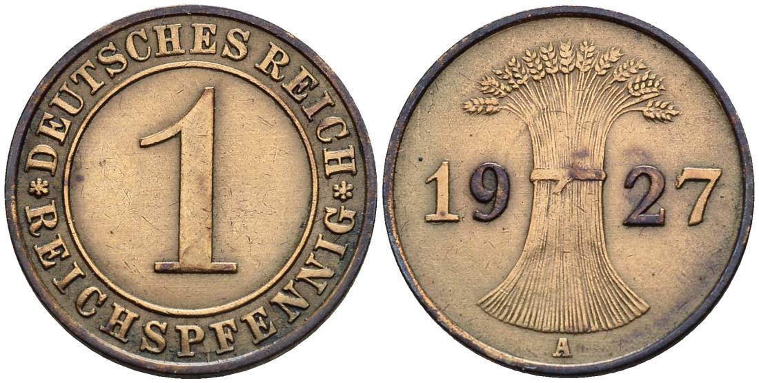 ГЕРМАНИЯ 1 РЕЙХСПФЕННИГ 1927 A KM 37, J. 313, Weege 2 бронза 4547-121