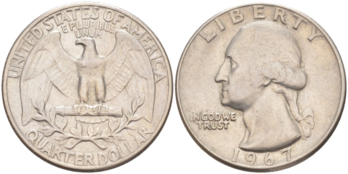 США 25 центов (квотер) 1967 Вашингтон KM 164а медь плакированная медно-никелем 4397-426