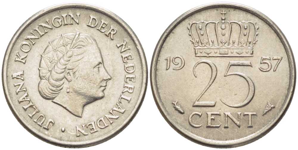 Нидерланды 25 центов 1957 Юлиана (1949-1980) KM 183 никель 214-925