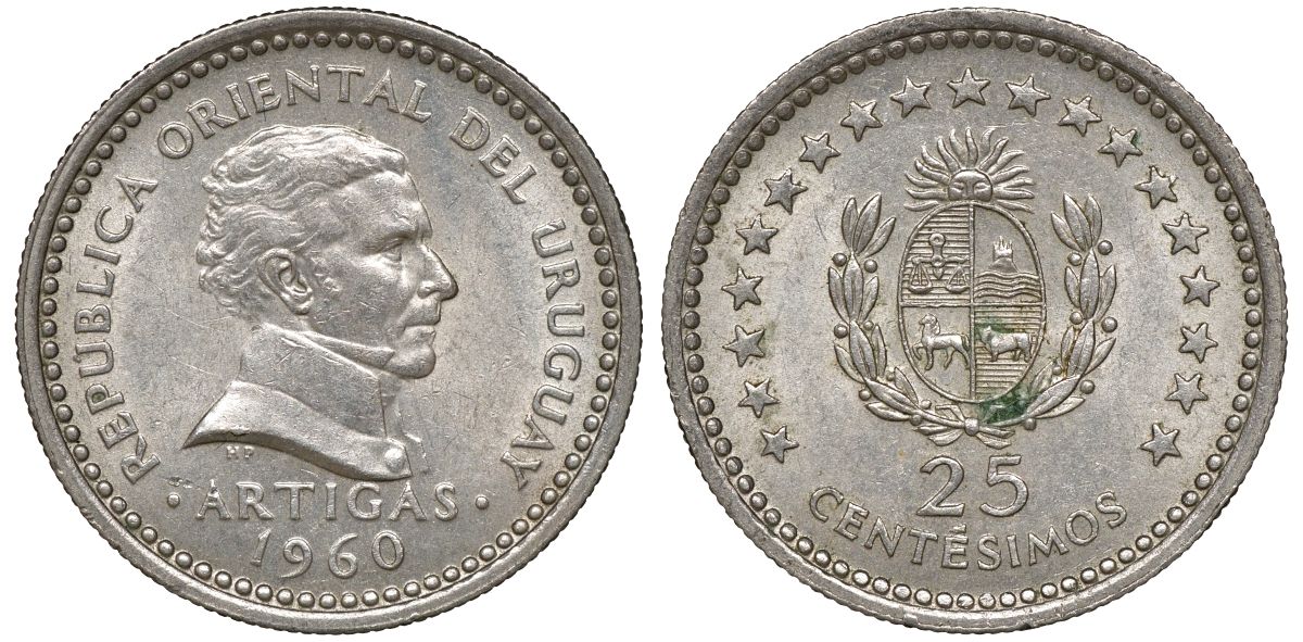 Уругвай 25 сентесимо 1960 KM 40 медно-никель 4169-817