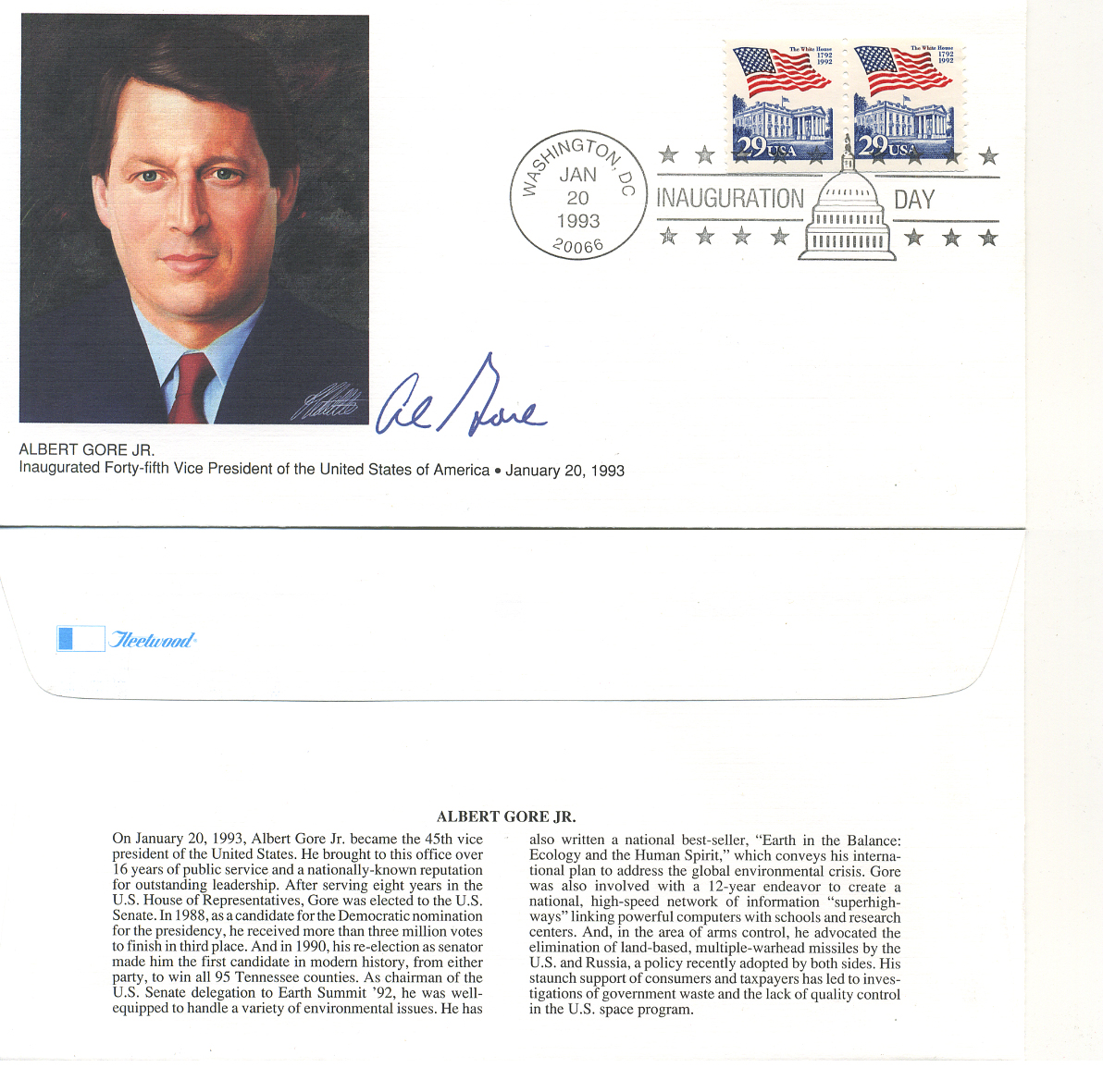 США 2 конверта 1993 день инаугурации президент Билл Клинтон и вице-президент Альберт Гор, в конверте первого дня гашения, каждый с двумя марками, в оригинальном буклете 7-4-52