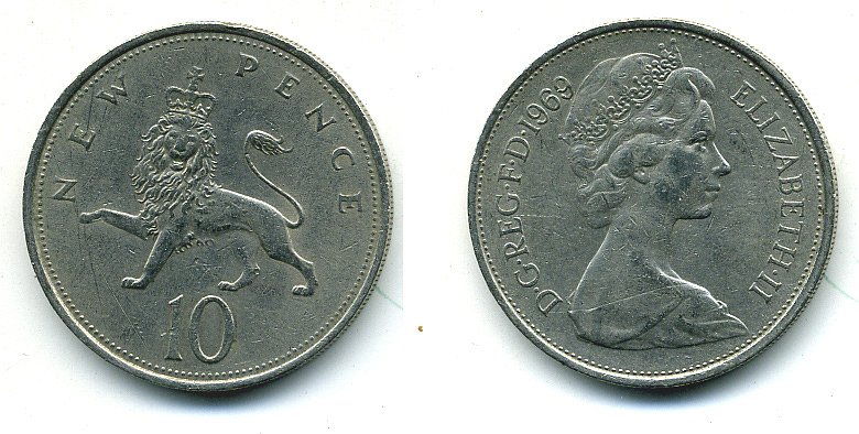 Великобритания 10 пенсов 1969 Елизавета II (1952-2022) KM 912, Spink 4231 (F1) медно-никель  4110-1221