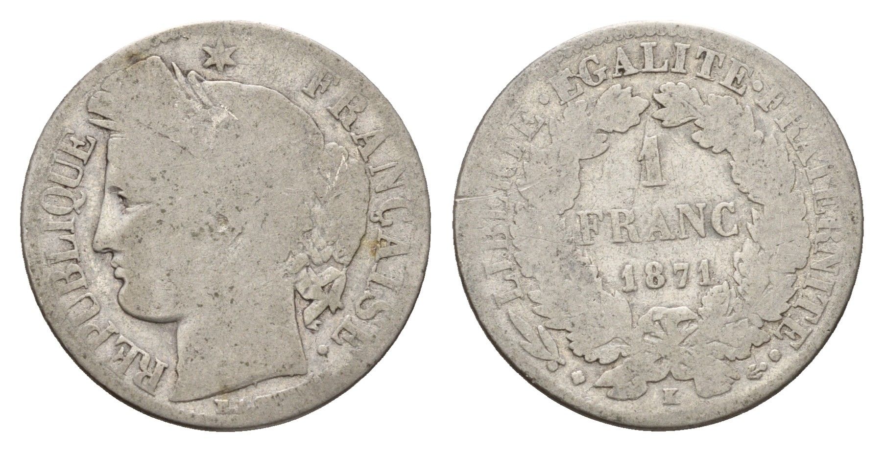 Франция 1 франк 1871 A KM 822 серебро 51-1757