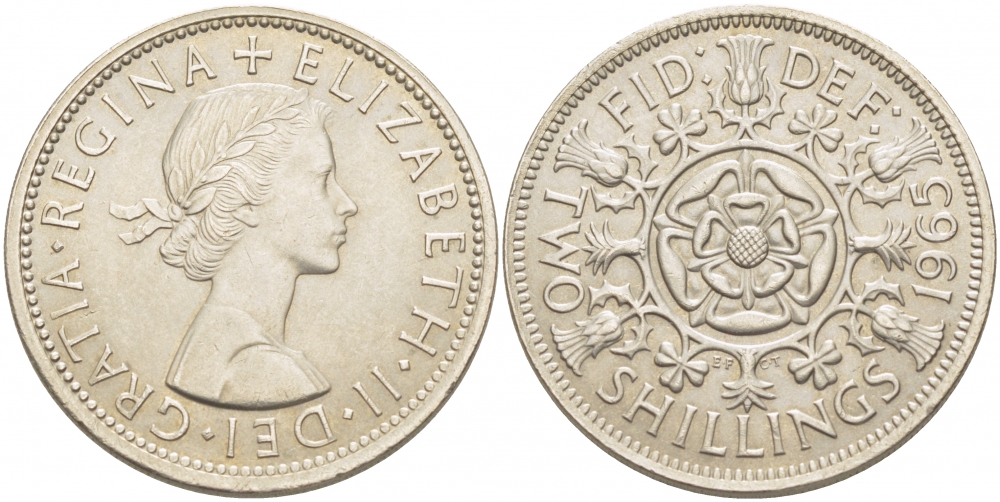 Великобритания 2 шиллинга (флорин) 1965 Елизавета II (1952-2022) KM 906, Spink 4146 медно-никель 4403-731