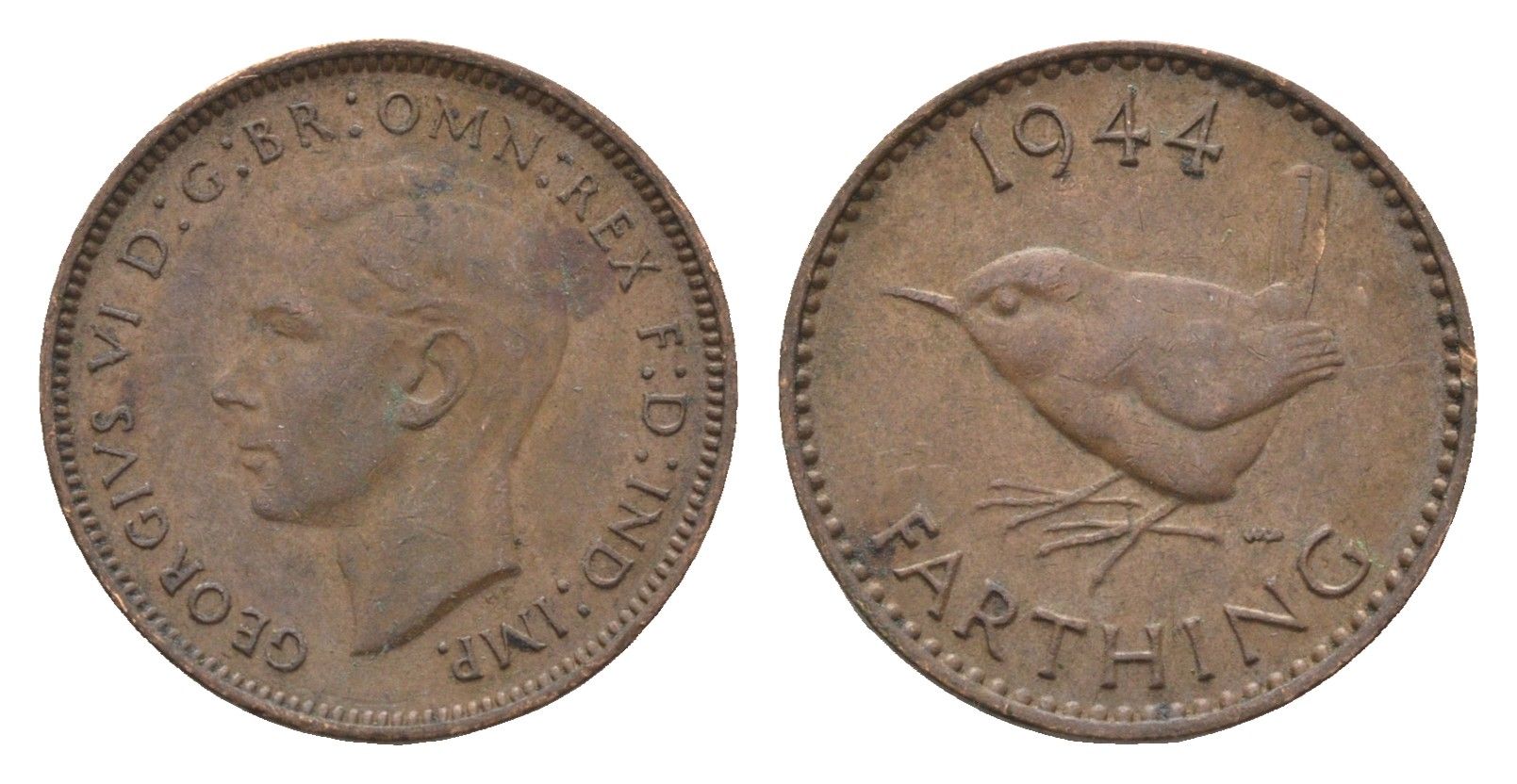 Великобритания 1 фартинг 1944 Георг VI (1936-1952) KM 843, Spink 4116 бронза 4664-348