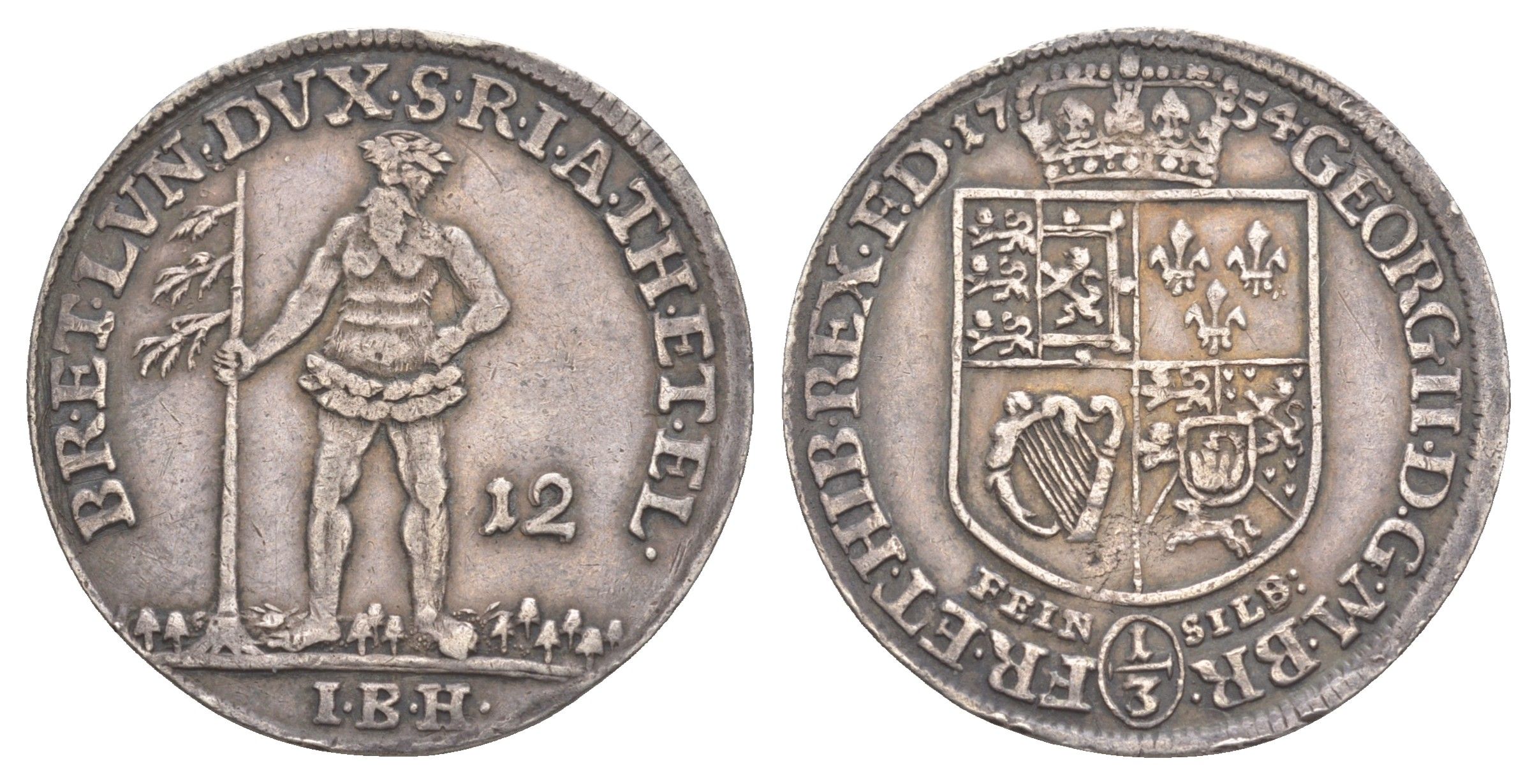 Брауншвейг-Каленберг-Ганновер 12 мариенгрошей (1/3 талера) 1754 IBH, дикарь, Георг II (1727-1760), из коллекции Ричарда Б. Смита Smith 123, Welter 2600, KM 255 серебро 1525-1032