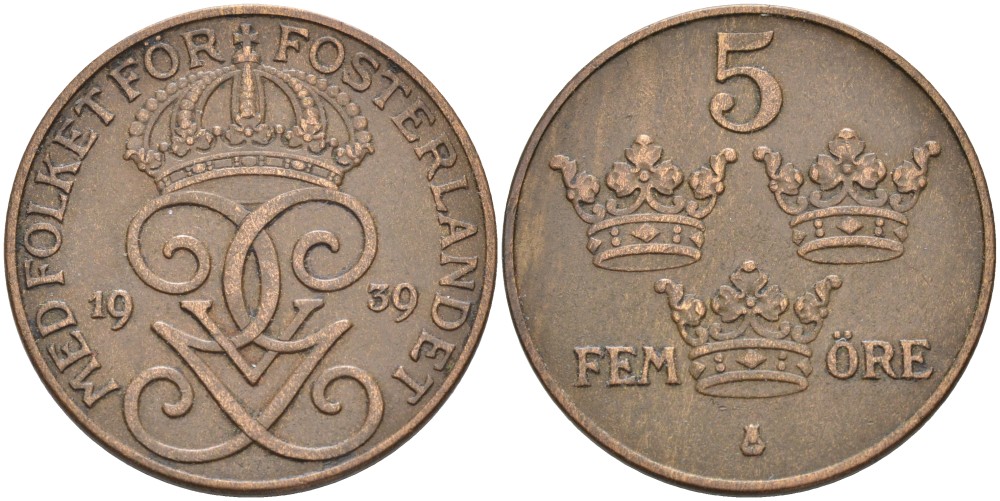 Швеция 5 эре 1939 Густав V (1907-1950) KM 779.2 бронза 4557-641