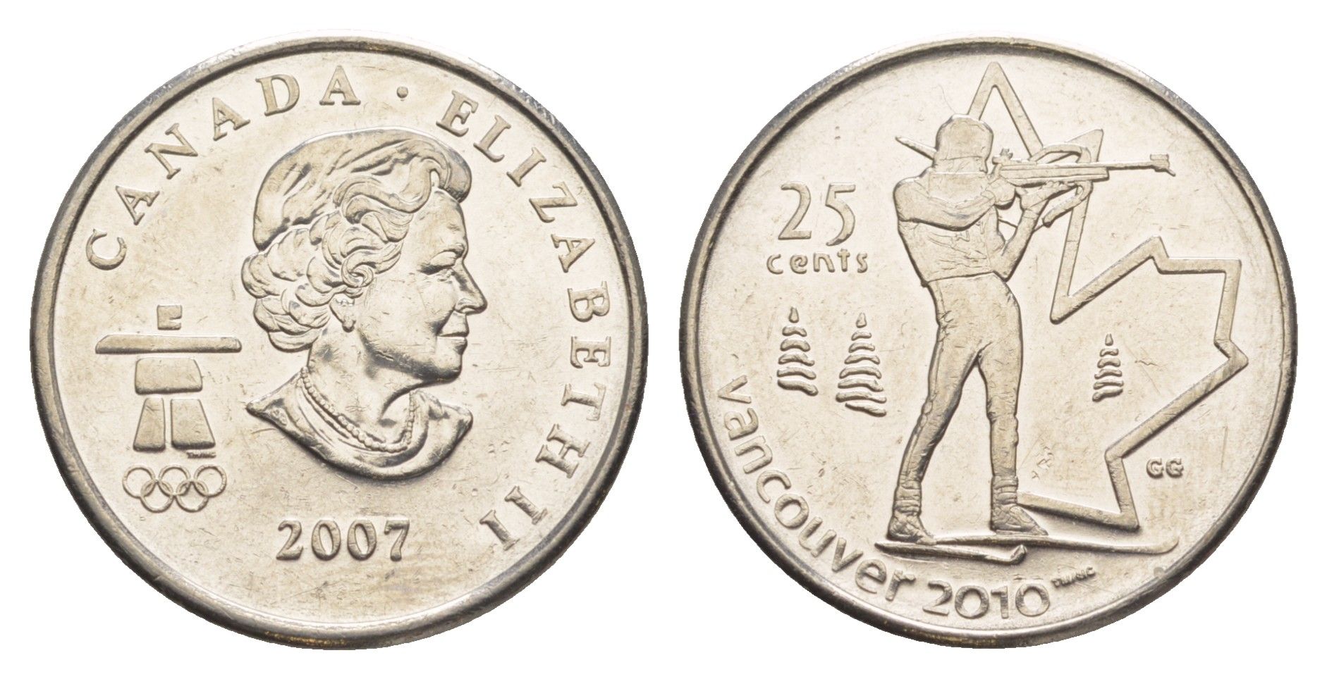 Канада 25 центов 2007 XXI зимние Олимпийские Игры, Ванкувер 2010 - Биатлон KM 685 сталь плакированная никелем UNC 4637-942