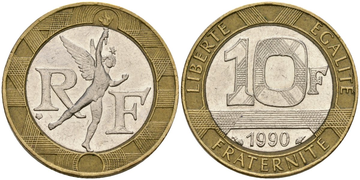 Франция 10 франков 1990 тип Гений Бастилии KM 964.1, Le Frank 375.5 биметалл 4135-1114