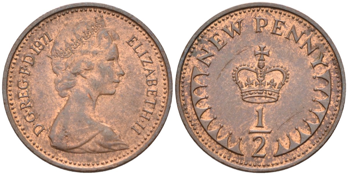 Великобритания 1/2 пенни 1971 Елизавета II (1952-2022) KM 914, Spink 4239 бронза 4585-1059