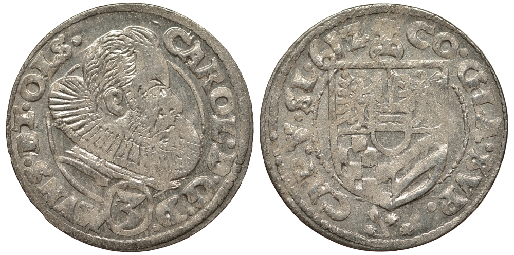 Силезия, Мюнстерберг, Олесница грошен (3 крейцера) 1612 Карл II серебро 413-932