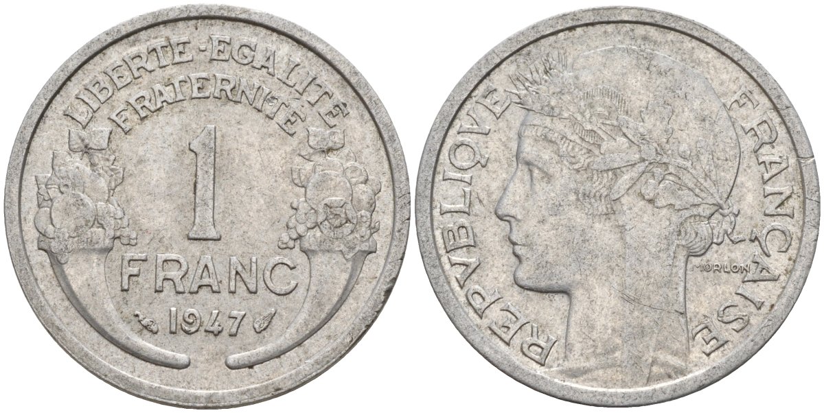 Франция 1 франк 1947 KM 885a.1 алюминий 4142-947
