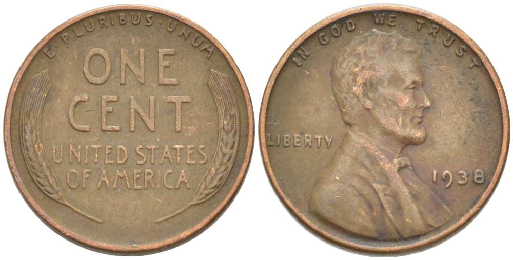 США 1 ЦЕНТ 1938 ЛИНКОЛЬН KM 132 бронза 3309-438