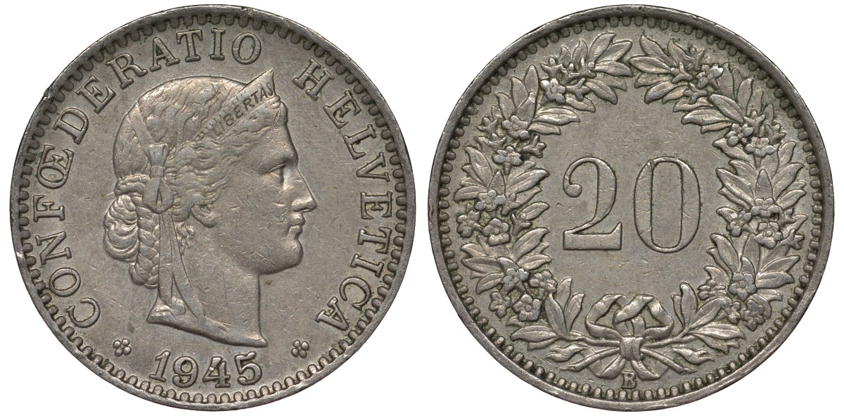 Швейцария 20 раппенов 1945 в KM 29а медно-никель 4128-725