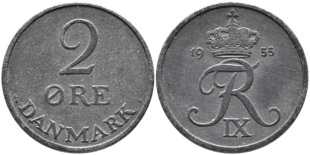 ДАНИЯ 2 ЭРЕ 1955 N; S, ФРЕДЕРИК IX (1947-1972) KM 840.1 цинк 28-1043