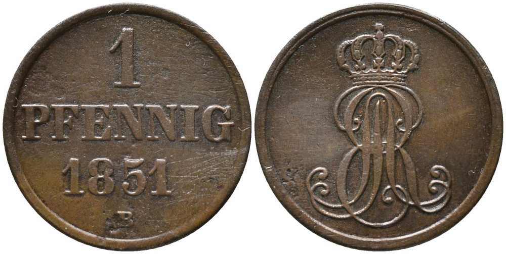 Ганновер 1 пфенниг 1851 B, Эрнст Август (1837-1851) KM 201.1, AKS 129, J. 74 медь 4448-1027