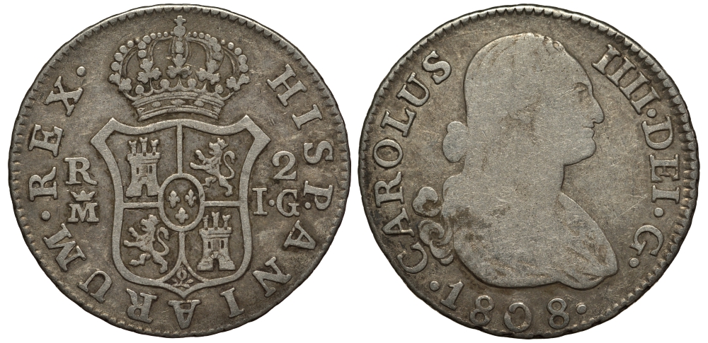 Испания 2 реала 1808 M IG, мондвор (Мадрид), Карлос IIII (1788-1808) KM 430.1 ( C69.1) серебро 650-833