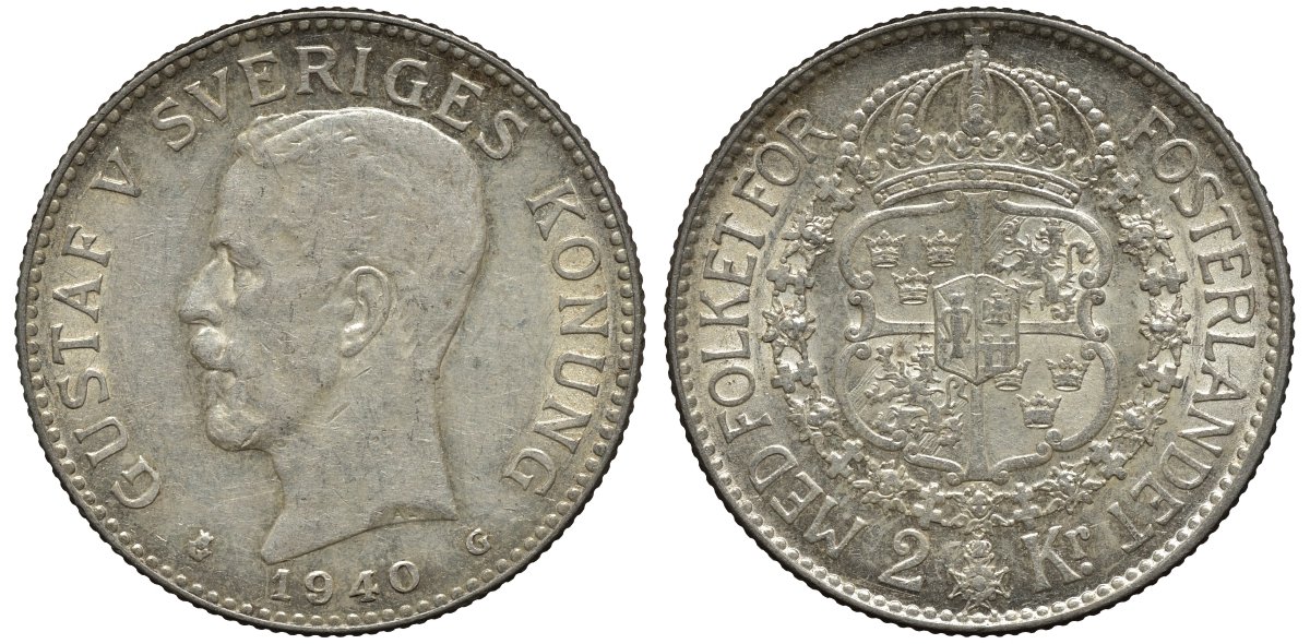 Швеция 2 кроны 1940 G, Густав V (1907-1950) KM 787 серебро 00-00