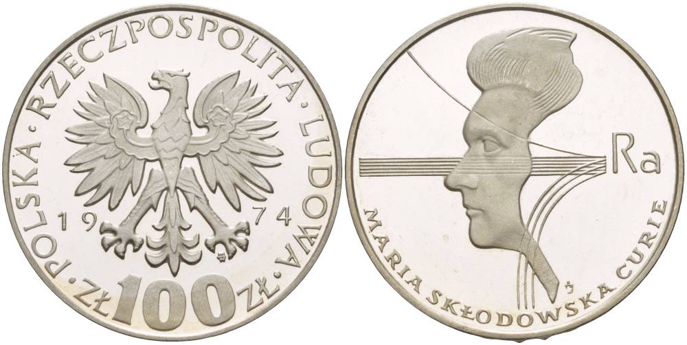 Польша 100 злотых 1974 MW, 40 лет со дня смерти Марии Склодовской-Кюри (1867-1934) KM 71, Parchimowicz 270 серебро PROOF 1087-7-55
