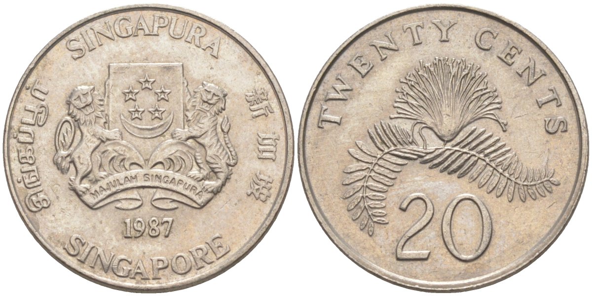 Сингапур 20 центов 1987 KM 52 медно-никель 219-1025