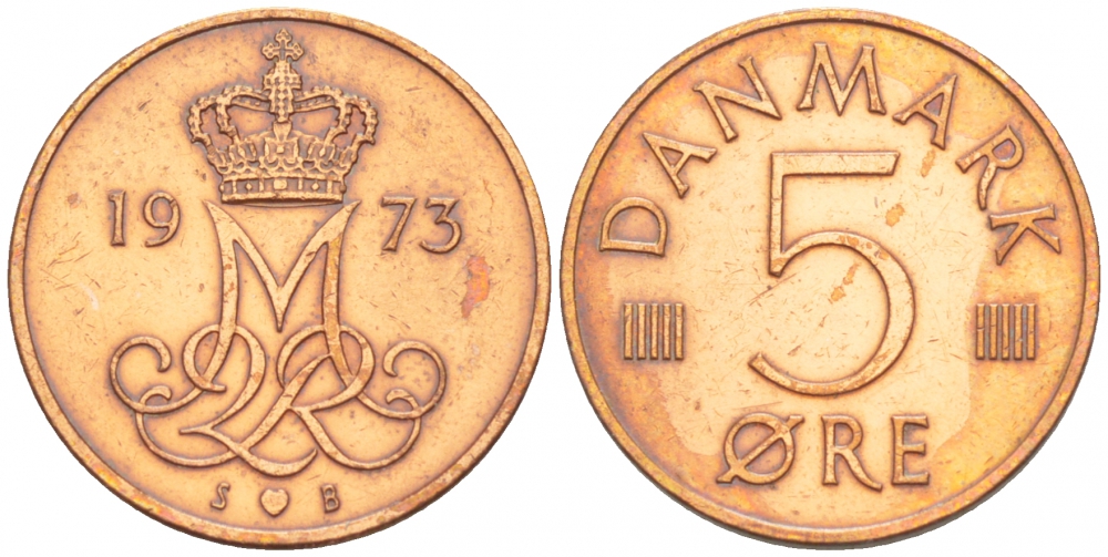 Дания 5 эре 1973 S; B, Маргрете II (1972- ) KM 859.1 железо плакированное медью 4547-1017