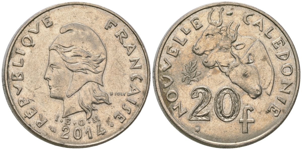 Французская Новая Каледония 20 франков 2014 три быка, (IEOM) KM 12a, Schoen 14a медно-никель 4137-445