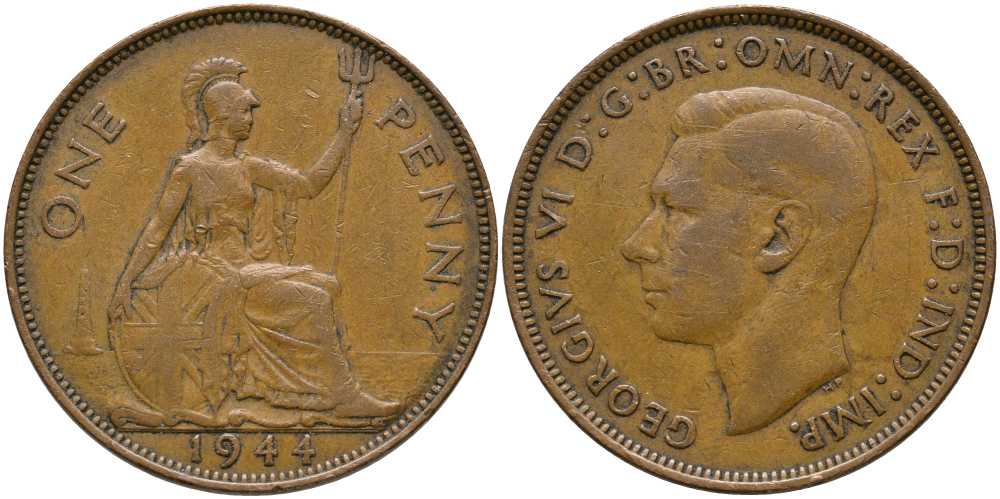 Великобритания 1 пенни 1944 Георг VI (1936-1952) КМ 845, Spink 4114 бронза 115-414