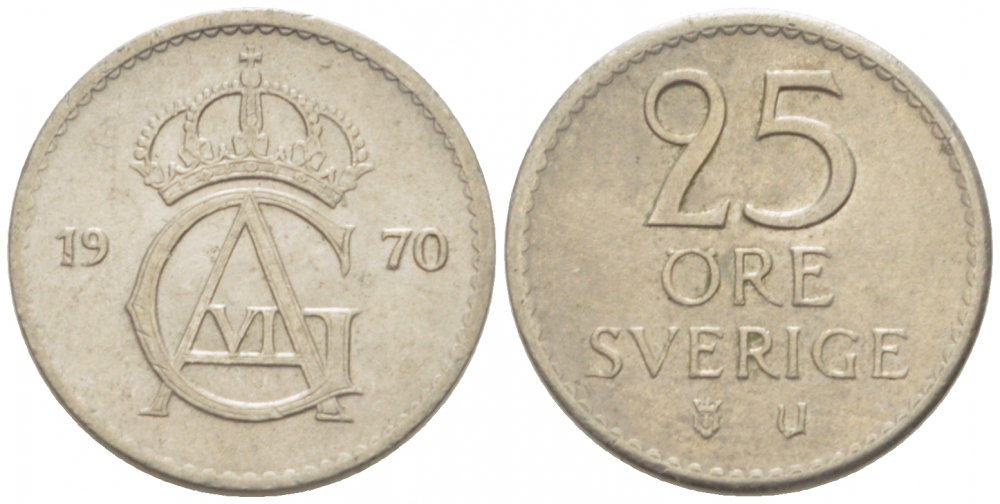 Швеция 25 эре 1970 U Густав VI Адольф (1950-1973) KM 836 медно-никель 3955-364